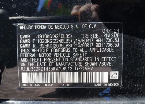2024 Honda Hr-V 2Wd Lx from USA, damaged, VIN 3CZRZ1H35RM756512